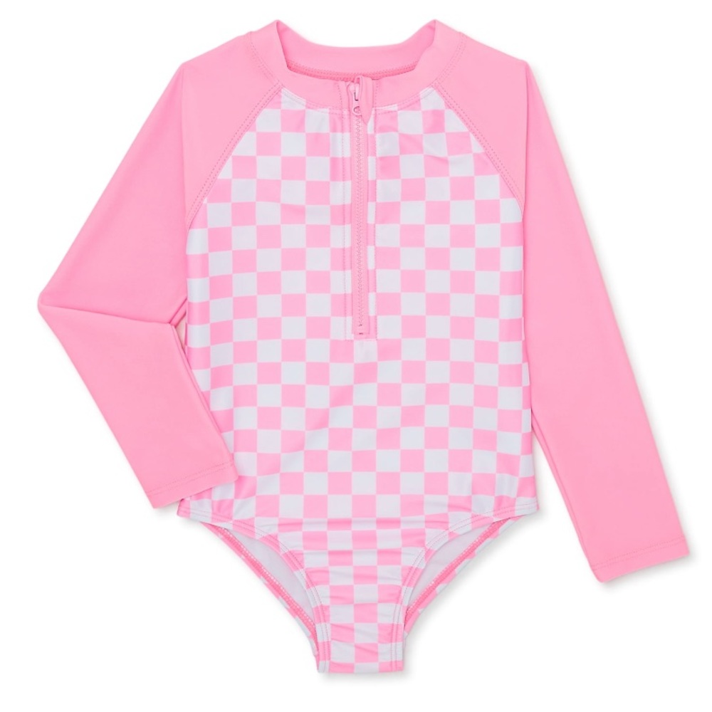 Wonder Nation Toddler Girl Zip Rashguard Swimsuit, 1-Piece, Pink Truffle